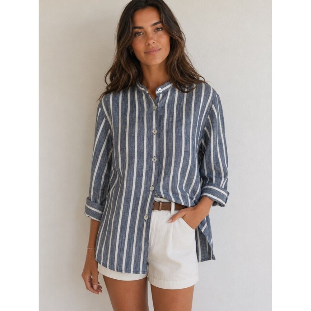 Rafaella Petites 100% Linen Striped Button Front Tunic Shirt Size S Blue White